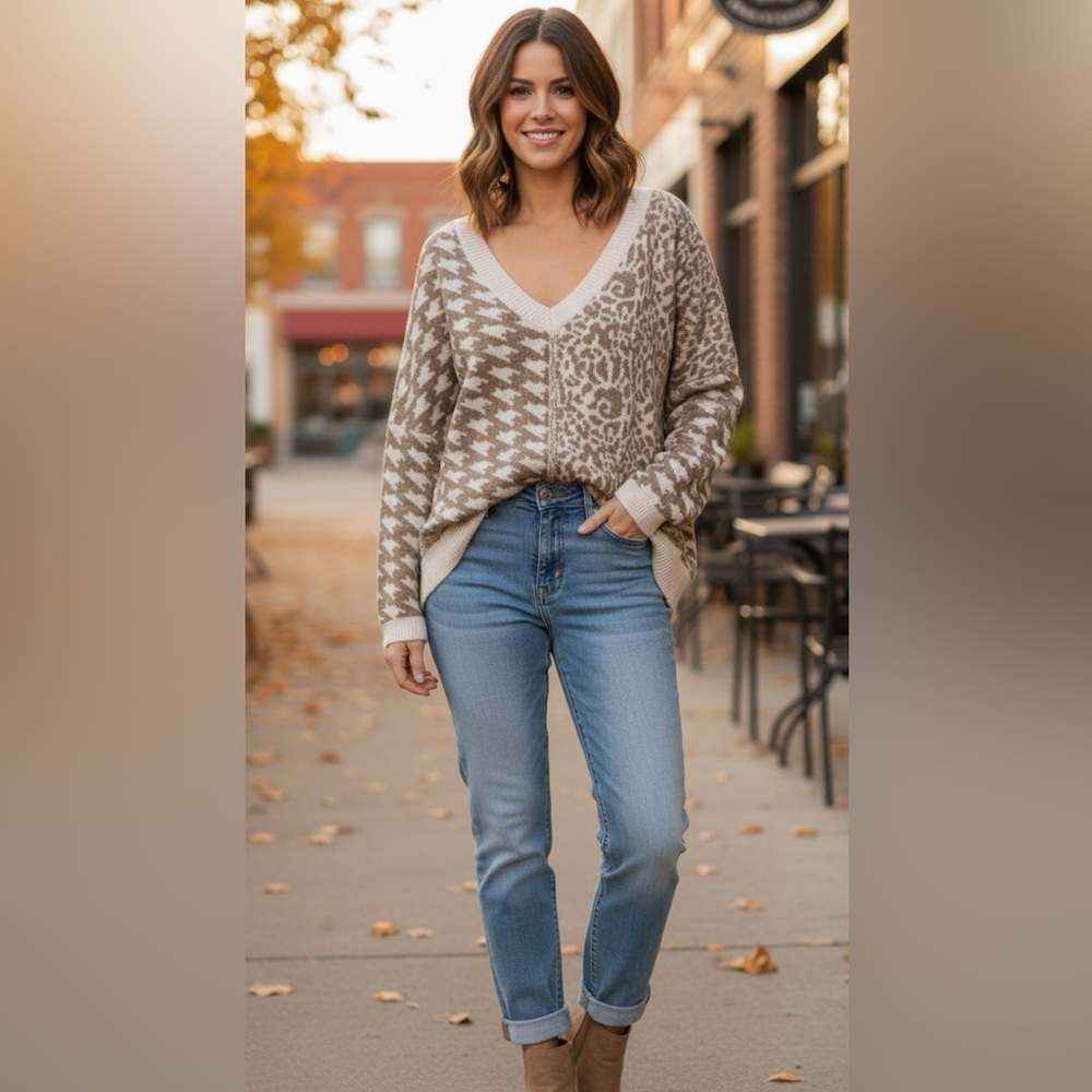 Pol Oversized Beige Patterned Sweater Size Medium